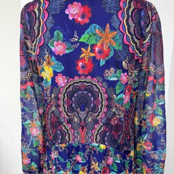 Saloni Floral Women's Dress 4 Silk Lined Full Button Front Chest Ruffle Sheer - Picture 13 of 14